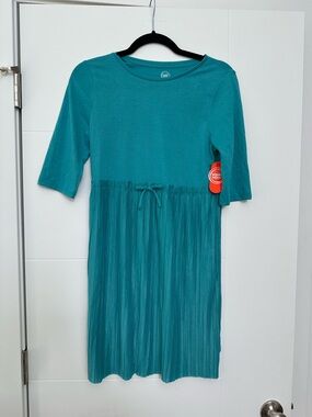 wonder nation Teal Pleated Waist-Tie Casual Dress
